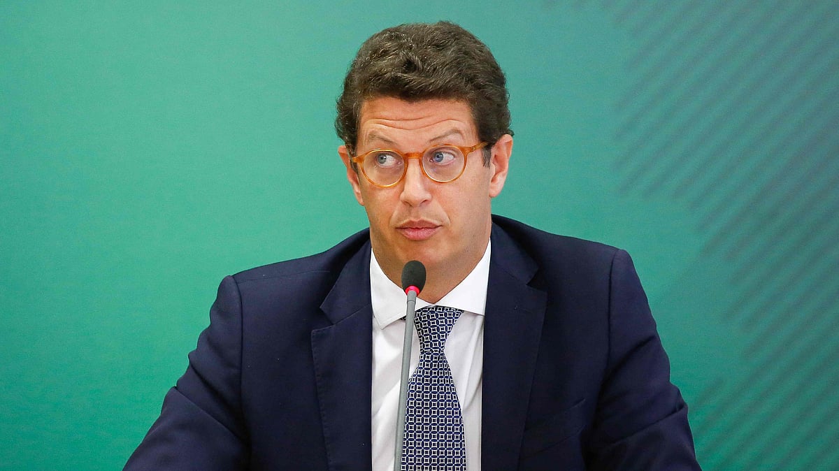 Brazil's Environment Minister Ricardo Salles gestures during a news conference on 22 April, 2021