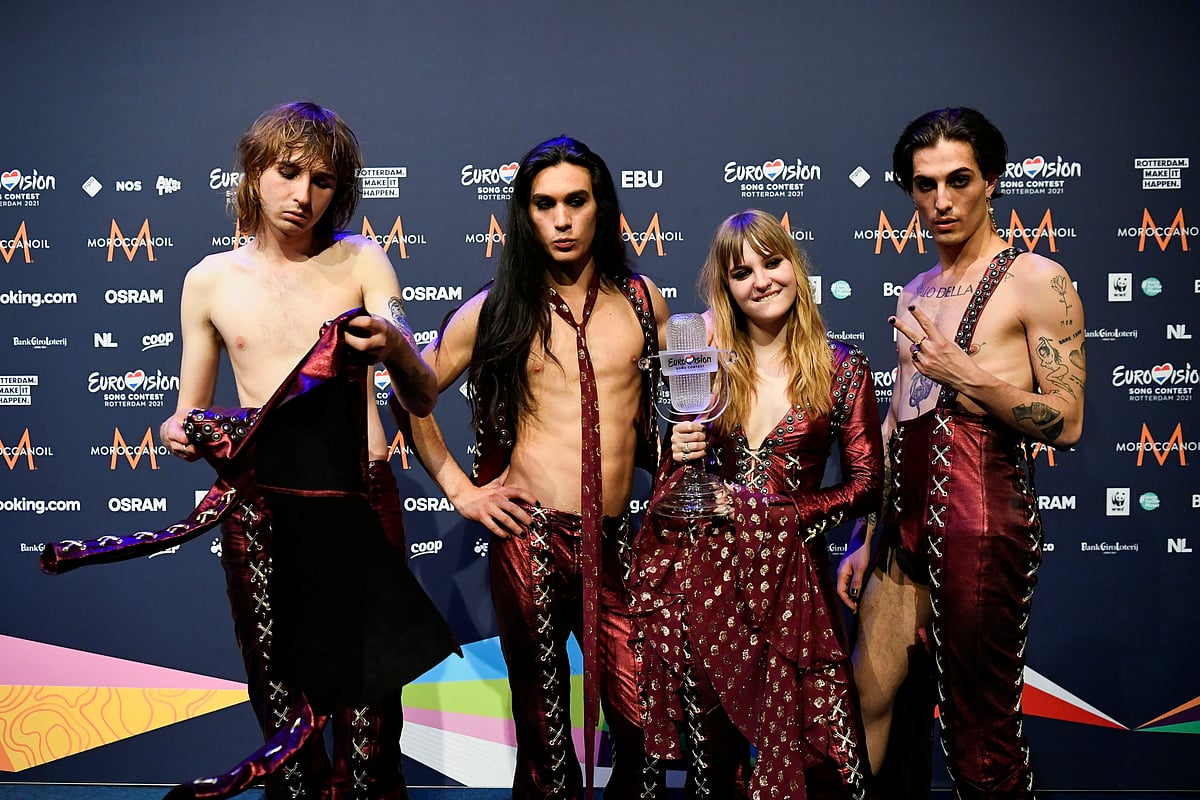 Maneskin of Italy pose with the trophy following a news conference after winning the 2021 Eurovision Song Contest, in Rotterdam, Netherlands on 23 May 2021