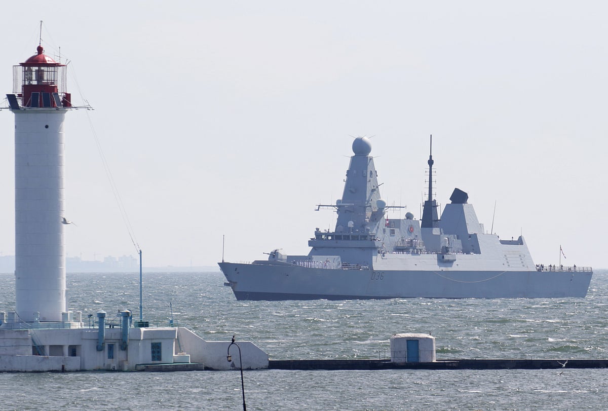 British Royal Navy's Type 45 destroyer HMS Defender arrives at the Black Sea port of Odessa, Ukraine on 18 June 2021