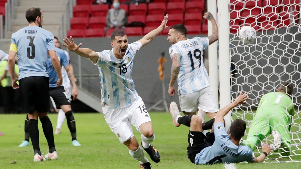 Argentina’s Guido Rodriguez celebrates scoring their first goal in Copa America 2021 Group A match against Uruguay at Estadio Mane Garrincha, Brasilia, Brazil on 18 June 2021
