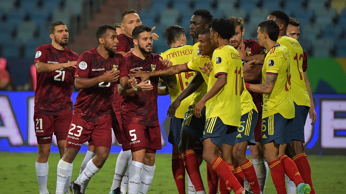 Colombia's players argue with Venezuela's players during their Conmebol Copa America 2021 football tournament group phase match at the Olympic Stadium in Goiania, Brazil, on 17 June 2021