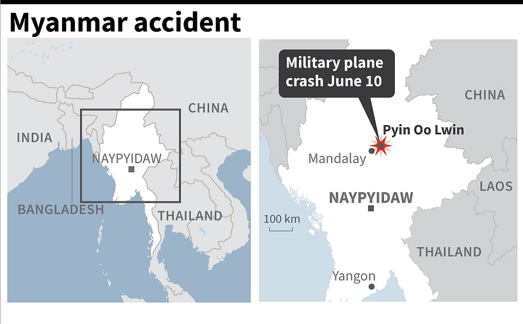 Map of Myanmar locating the town of Pyin Oo Lwin near where a military plane crashed on Thursday 10 June.