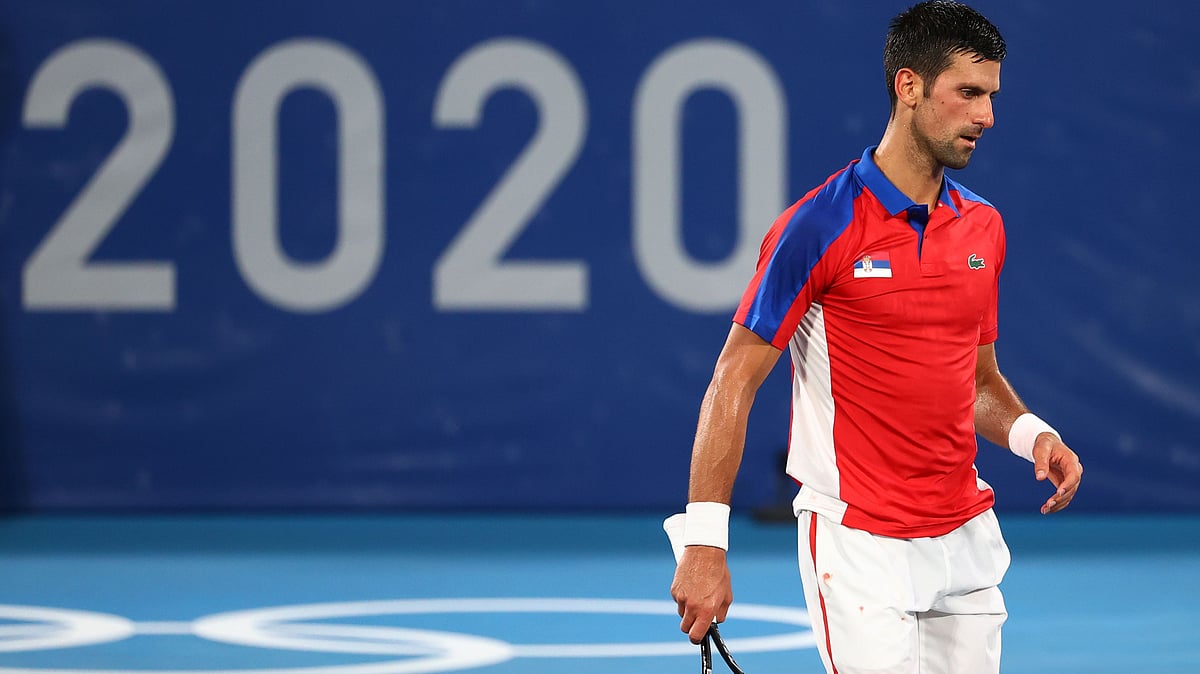 Novak Djokovic of Serbia reacts during his semifinal match against Alexander Zverev of Germany.