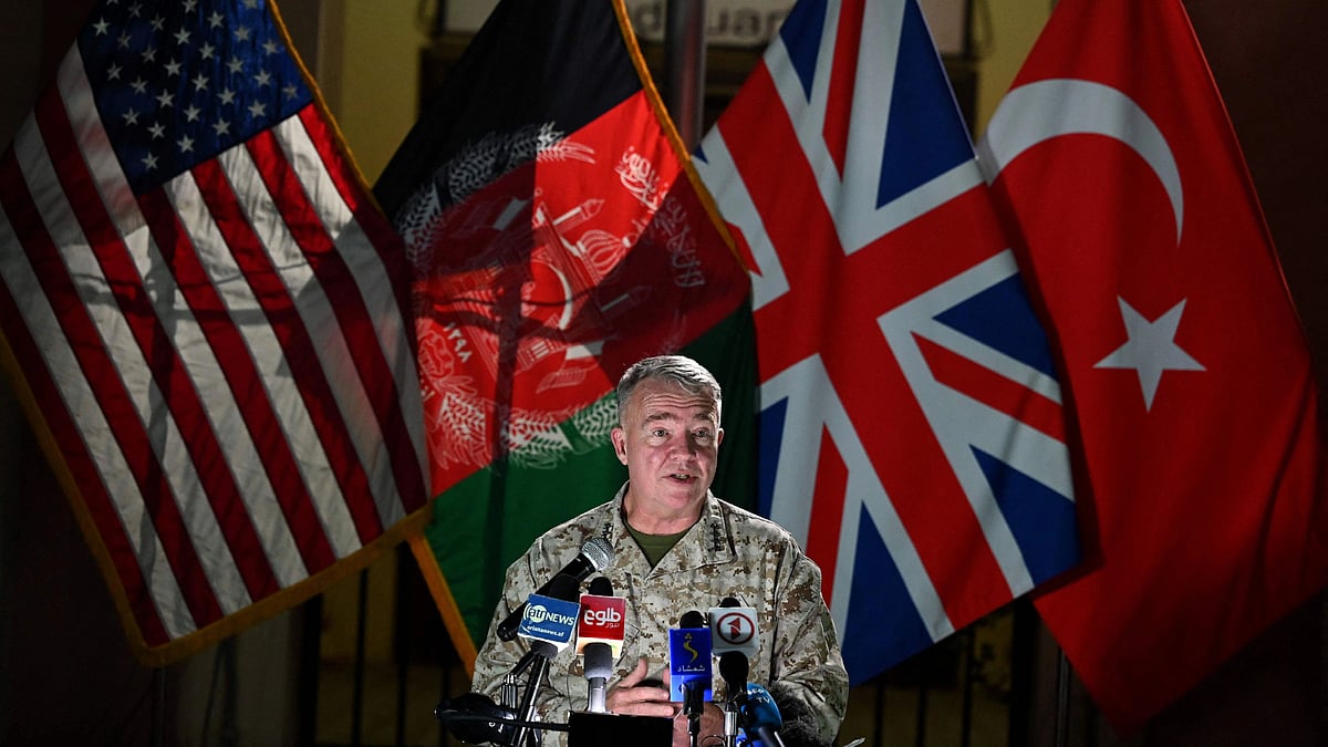Head of the US Central Command, General Kenneth McKenzie, speaks during a press conference at the former Resolute Support headquarters in the US embassy compound in Kabul on 25 July, 2021