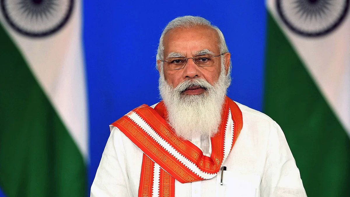 Indian prime minister Narendra Modi addresses the Centenary Celebration of Baba Saheb Purandare via video conferencing, in New Delhi on 13 August 2021