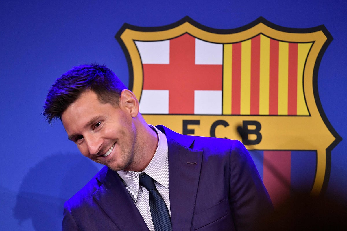 Barcelona's Argentinian forward Lionel Messi smiles during a press conference at the Camp Nou stadium in Barcelona on 8 August, 2021