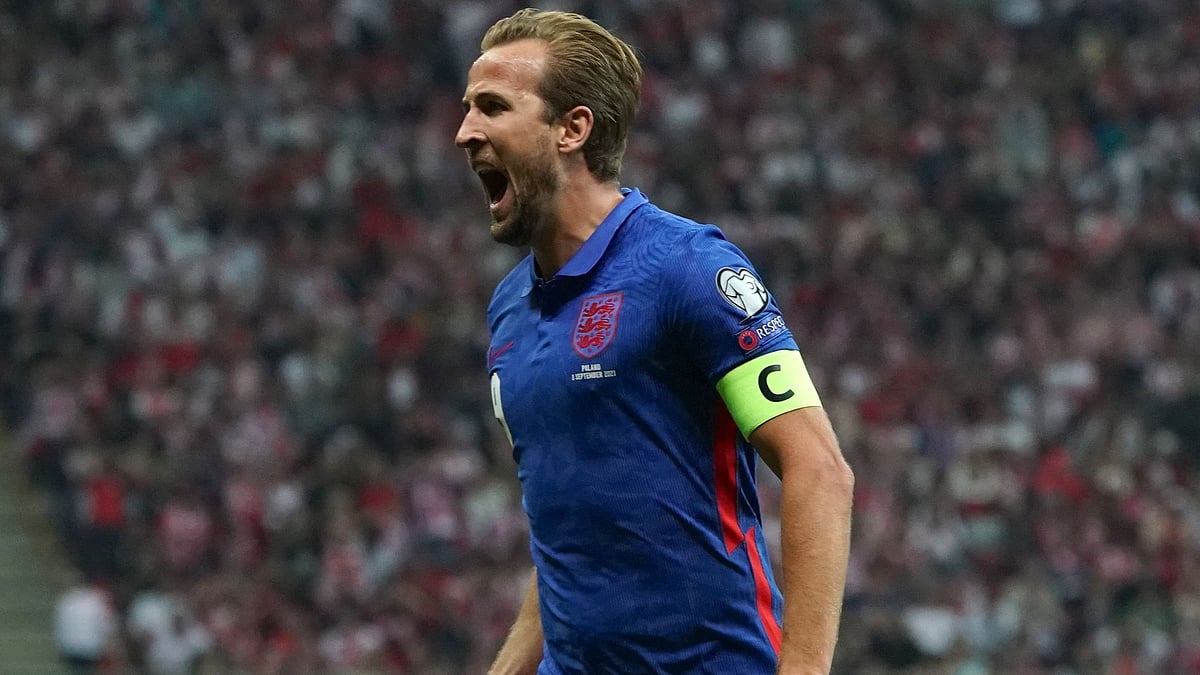 ngland's forward Harry Kane celebrates after scoring the 0-1 goal during the FIFA World Cup Qatar 2022 qualification Group I football match between Poland and England in Warsaw, on 8 September, 2021