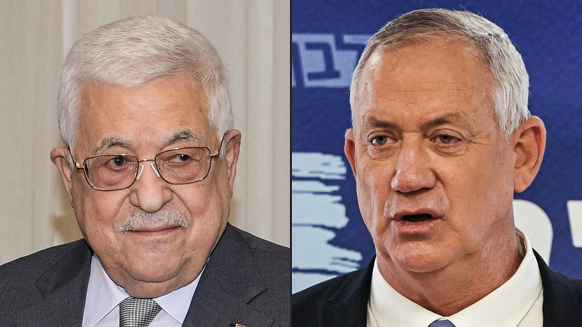 This combination of pictures created on 30 August, 2021 shows (L to R) Palestinian president Mahmud Abbas during a diplomatic meeting in Ramallah in a handout photo provided by the Palestinian Authority's press office (PPO) on 1 August, 2021