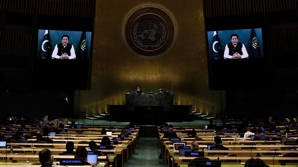 Prime minister from the Islamic Republic of Pakistan Imran Khan addresses via prerecorded video in the General Debate of the 76th session of the United Nations General Assembly at UN headquarters on 24 September 2021, in New York