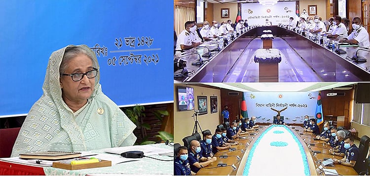 PM Sheikh Hasina joined the meeting at the headquarters of the Navy and Air Force through a videoconference from her official residence Ganobhaban on Sunday.