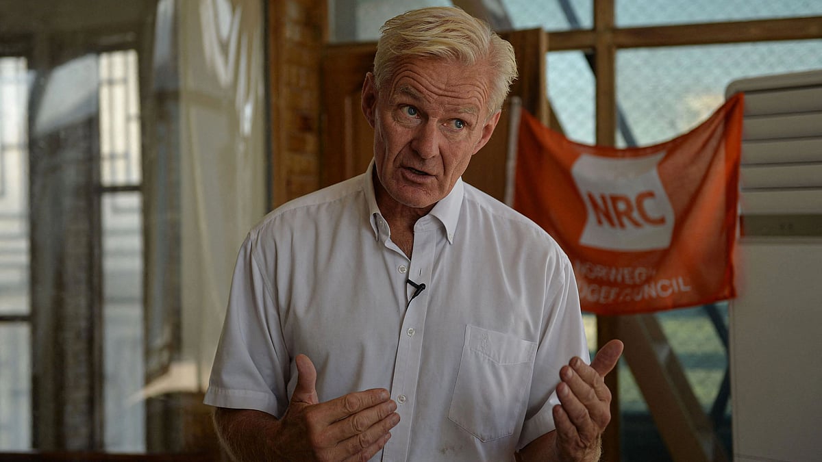 This picture taken on 27 September 2021 shows Norwegian Refugee Council (NRC) Secretary General, Jan Egeland, gesturing as he talks at his office in Kabul