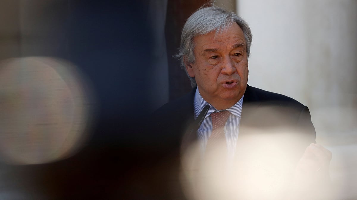 UN Secretary-General Antonio Guterres speaks during a news conference before a meeting with Spain's Prime Minister Pedro Sanchez at Moncloa Palace in Madrid, Spain, on 2 July 2021