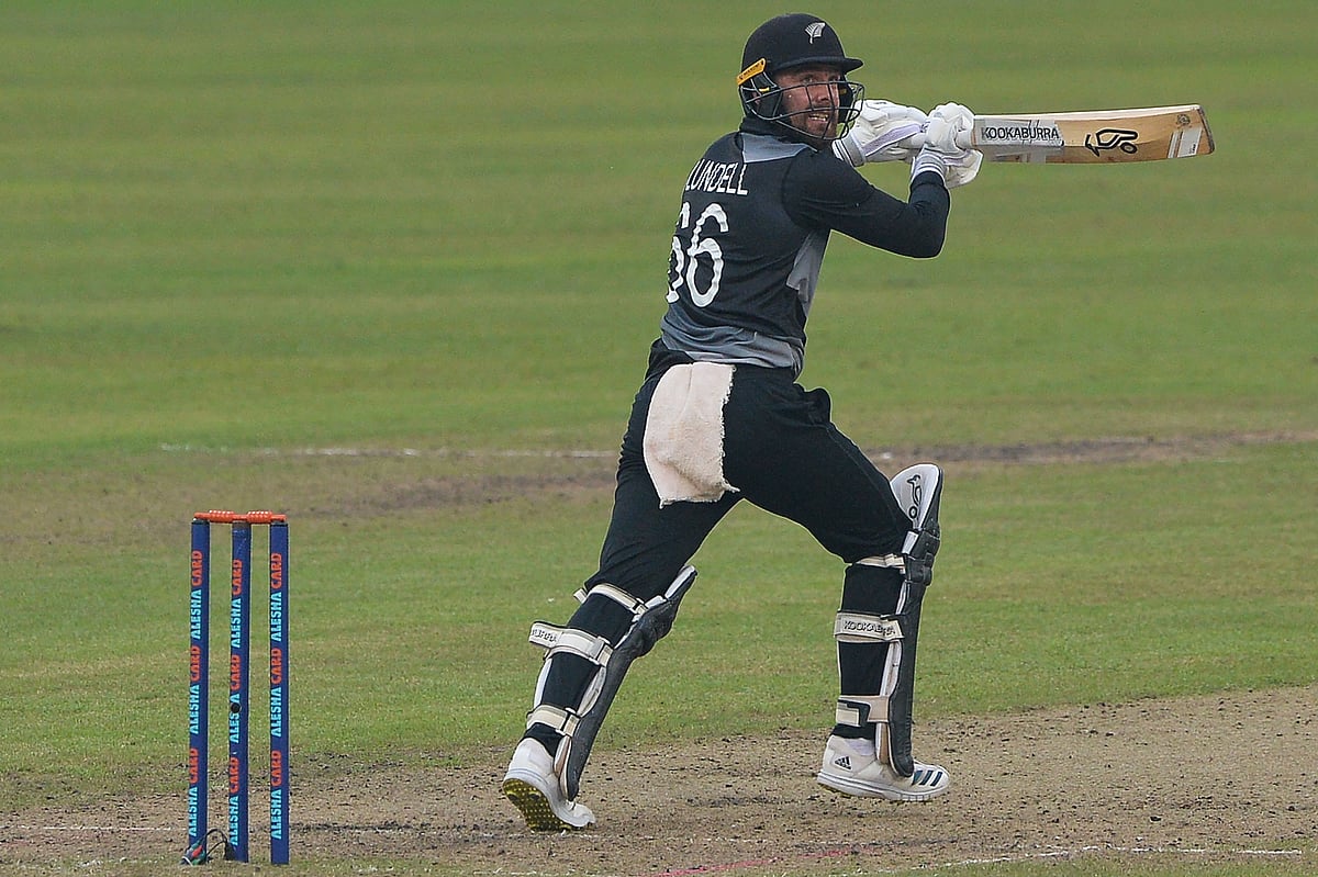 New Zealand's Tom Blundell plays a shot during the third Twenty20 international cricket match between Bangladesh and New Zealand at the Sher-e-Bangla National Cricket Stadium in Dhaka on 5 September, 2021