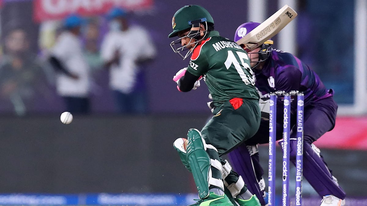 Bangladesh's Mushfiqur Rahim plays a shot during the ICC men’s Twenty20 World Cup cricket match between Bangladesh and Scotland at the Oman Cricket Academy Ground in Muscat on 17 October 2021