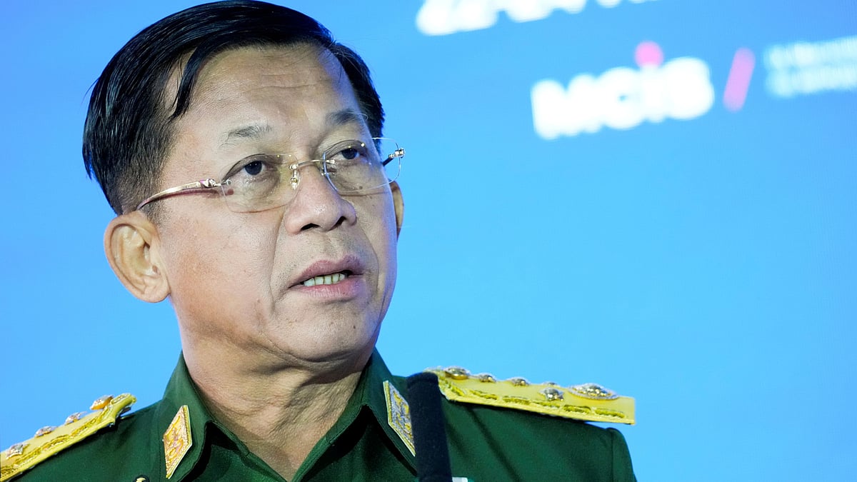 Commander-in-Chief of Myanmar's armed forces, Senior General Min Aung Hlaing delivers his speech at the IX Moscow conference on international security in Moscow, Russia on 23 June 2021