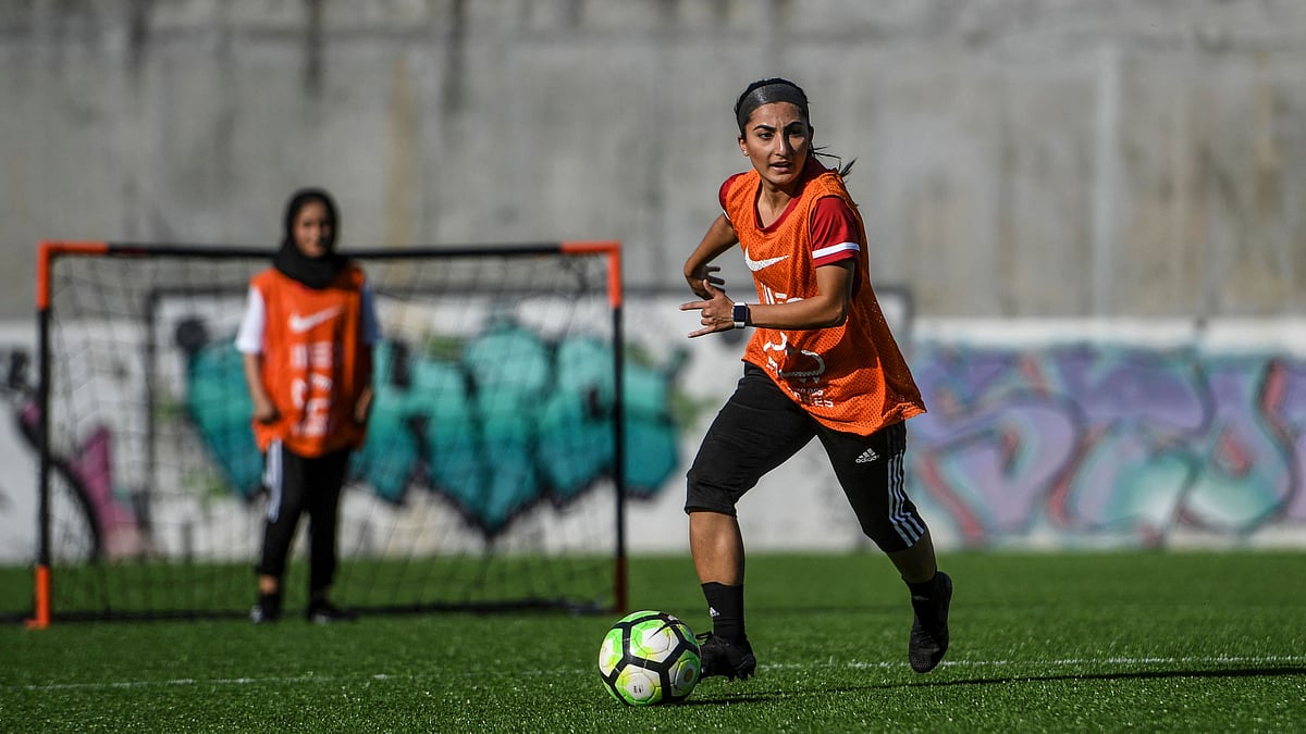 Players of Afghanistan national women football team attend to a training session at Odivelas, outskirts of Lisbon on 30 September 2021.