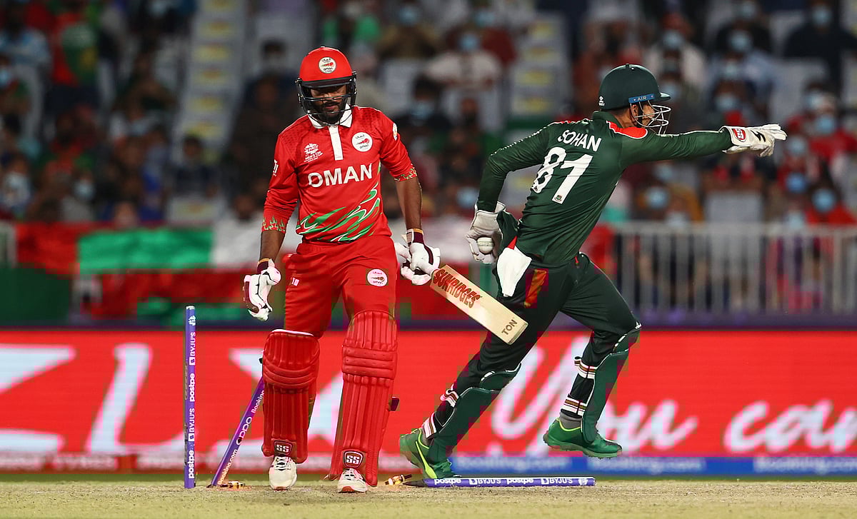 Nurul Hasan appeals for the stumping of Sandeep Goud of Oman during the ICC Men's T20 World Cup match between Bangladesh and Oman at Oman Cricket Academy Ground in Muscat on Tuesday