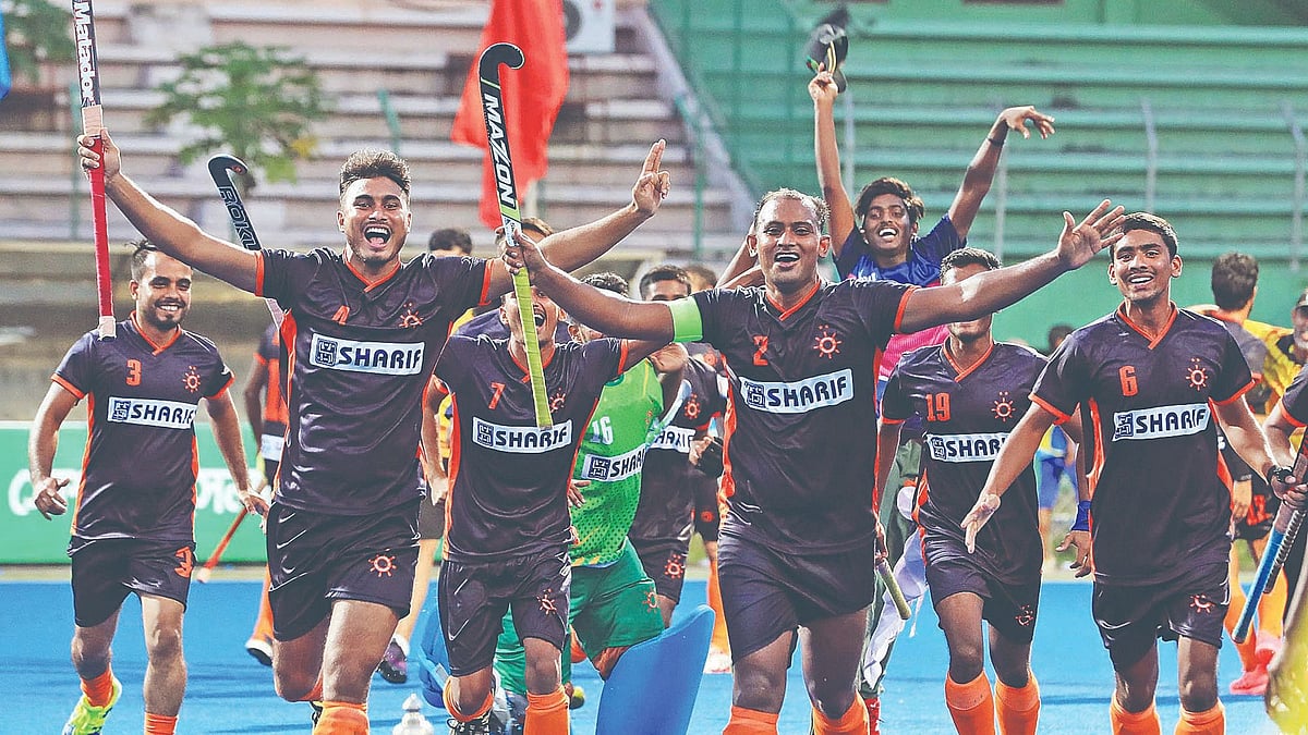 Dhaka Mariner Youngs Club players celebrate after winning their maiden trophy in Club Cup Hockey on 16 October 2021