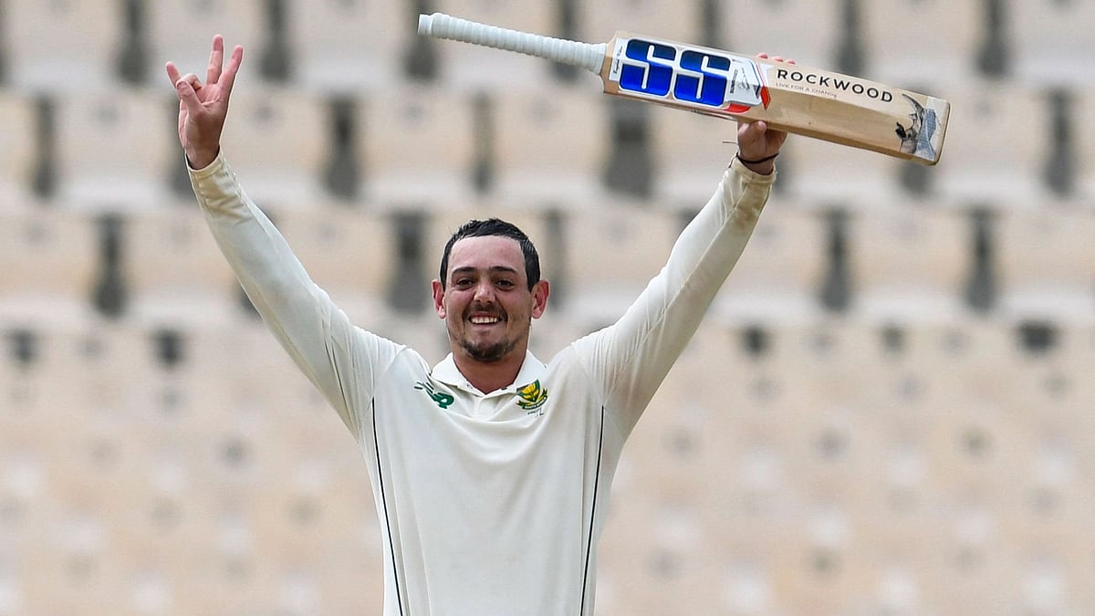 Quinton de Kock of South Africa celebrates his century during day 2 of the 1st Test between South Africa and West Indies at Darren Sammy Cricket Ground, Gros Islet, Saint Lucia, on 11 June 2021