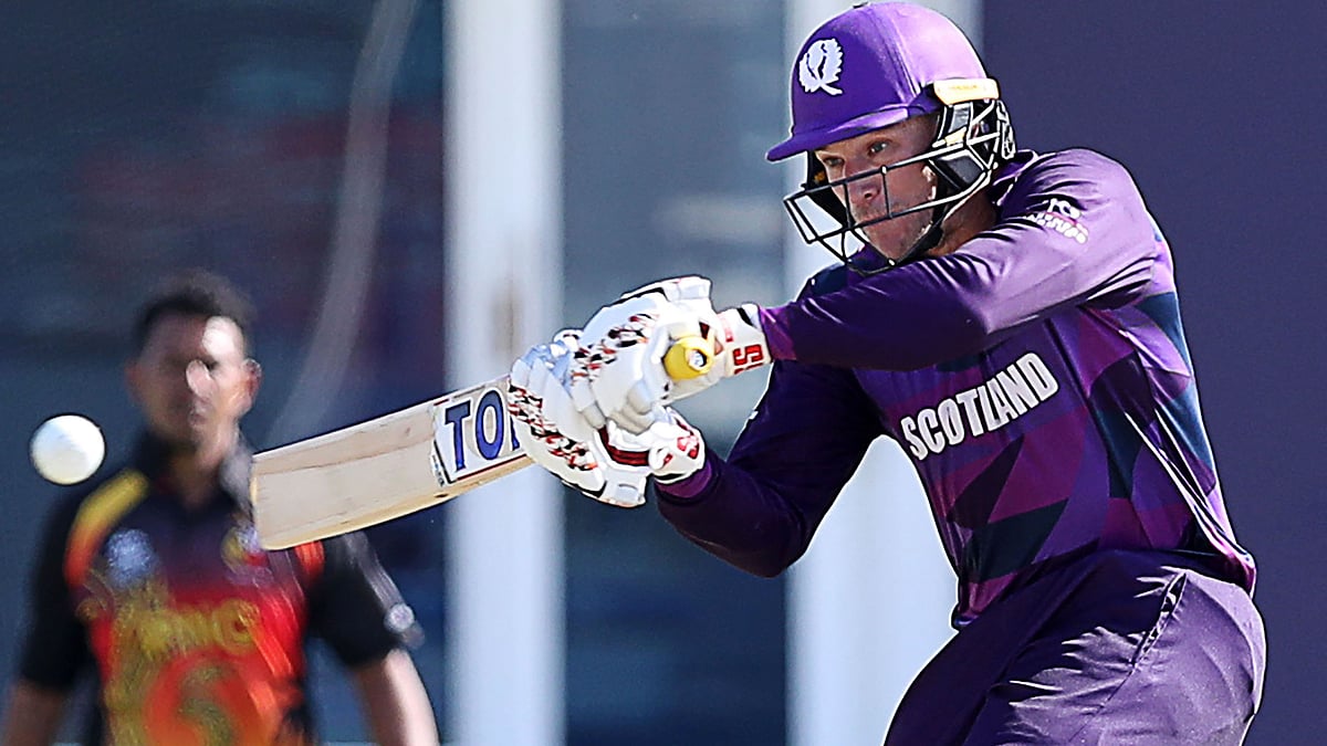 Scotland's Richie Berrington plays a shot during the ICC men’s Twenty20 World Cup cricket match between Scotland and Papua New Guinea at the Oman Cricket Academy Ground in Muscat on 19 October 2021