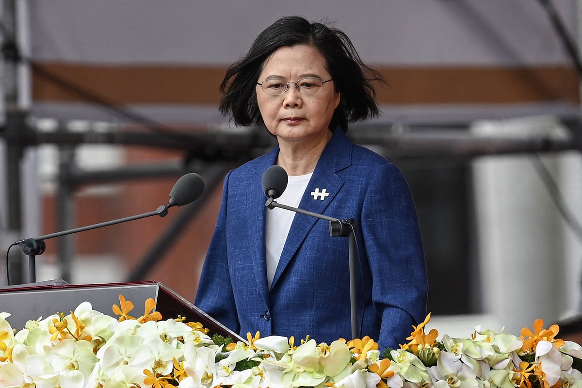 Taiwan's President Tsai Ing-wen speaks during national day celebrations in front of the Presidential Palace in Taipei on 10 October 2021