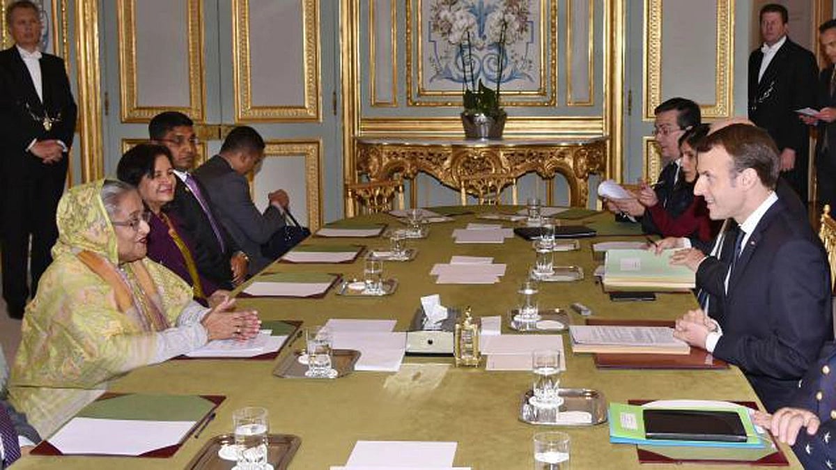 Prime minister Sheikh Hasina at a meeting with French president Emmanuel Macron.