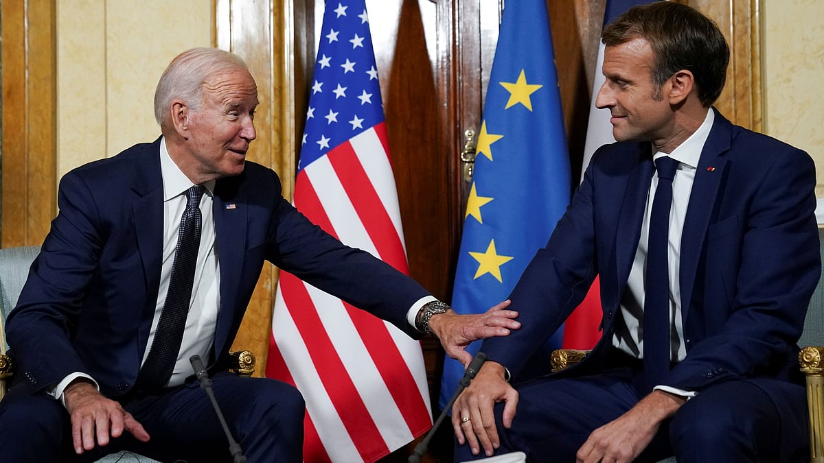US president Joe Biden meets with French president Emmanuel Macron ahead of the G20 summit in Rome, Italy on 29 October 2021