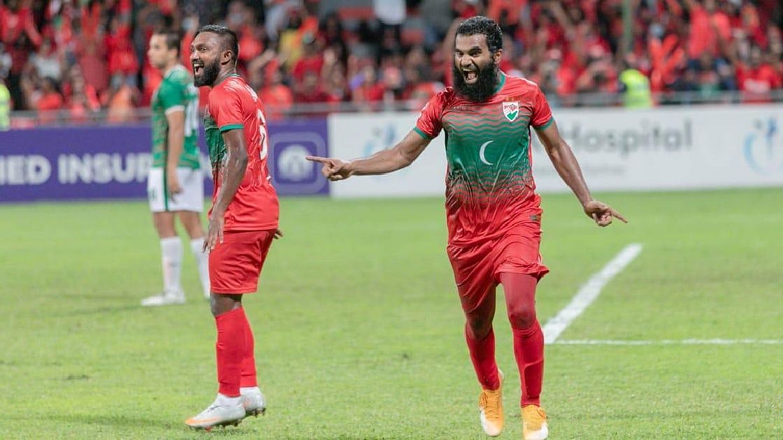 Maldives players celebrate a goal against Bangladesh in the SAFF Championship match on 9 October 2021
