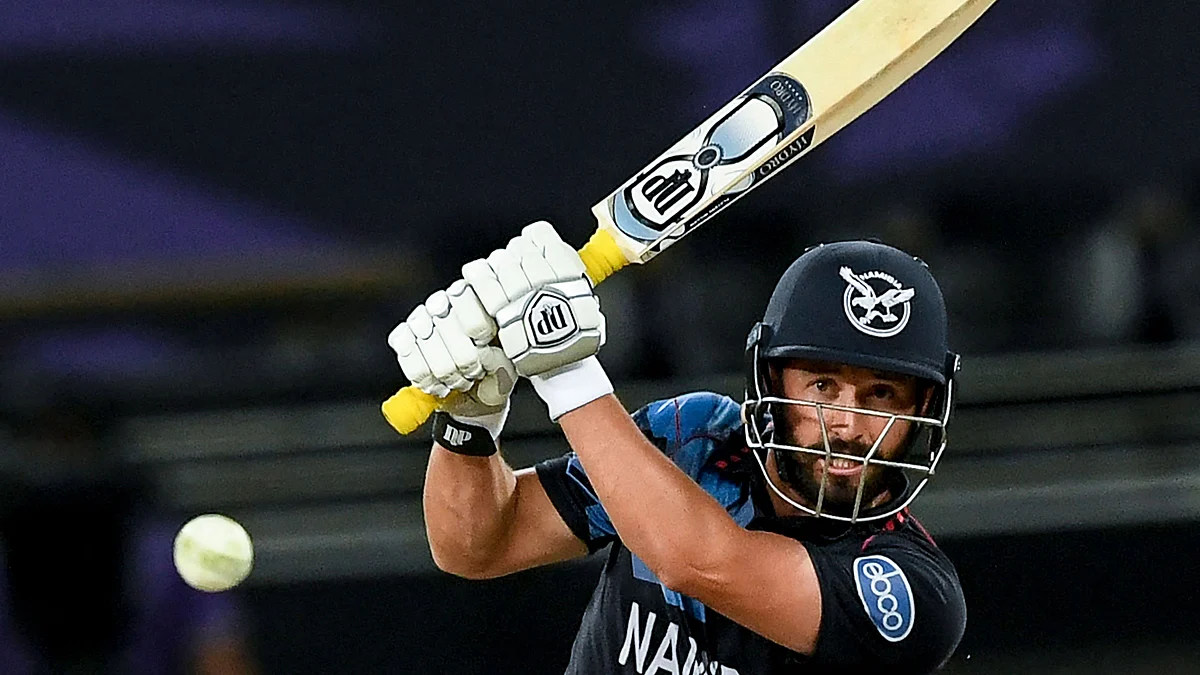 Namibia's Jan Frylinck plays a shot during the ICC men’s Twenty20 World Cup cricket match between India and Namibia at the Dubai International Cricket Stadium in Dubai on 8 November 2021.