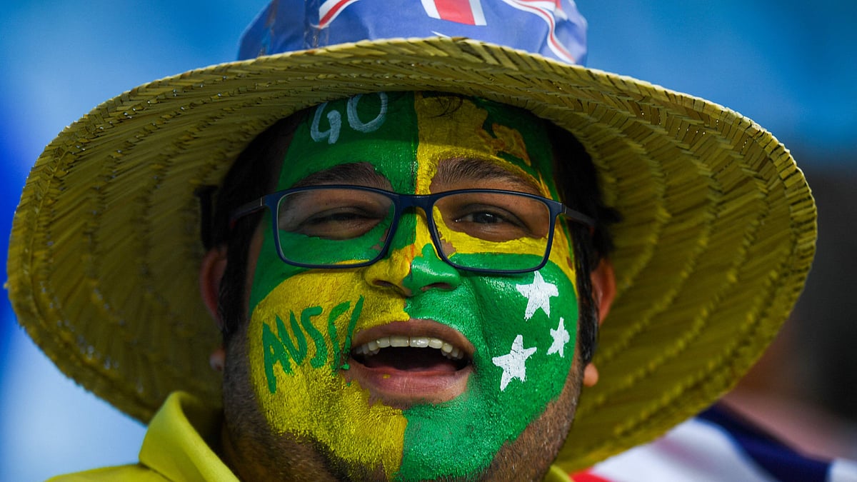 An Australia's fan cheers before the start of the ICC men’s Twenty20 World Cup final match between Australia and New Zealand at the Dubai International Cricket Stadium in Dubai on 14 November 2021.