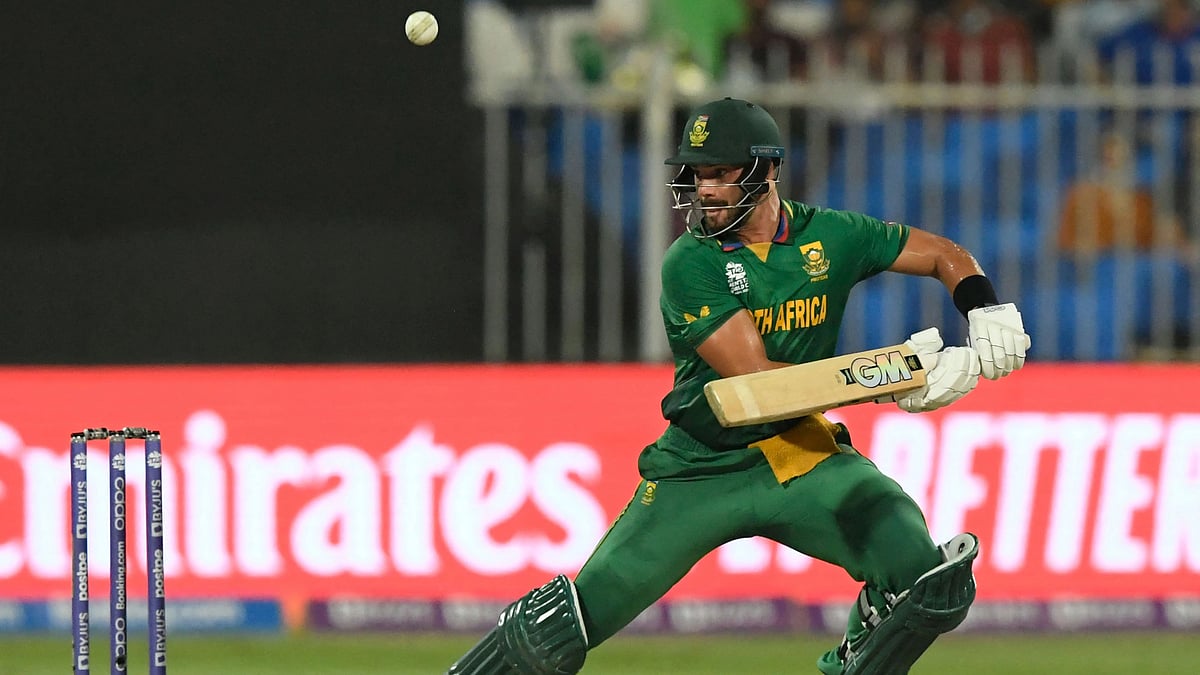 South Africa's Aiden Markram plays a shot during the ICC men’s Twenty20 World Cup cricket match between England and South Africa at the Sharjah Cricket Stadium in Sharjah on 6 November 2021.