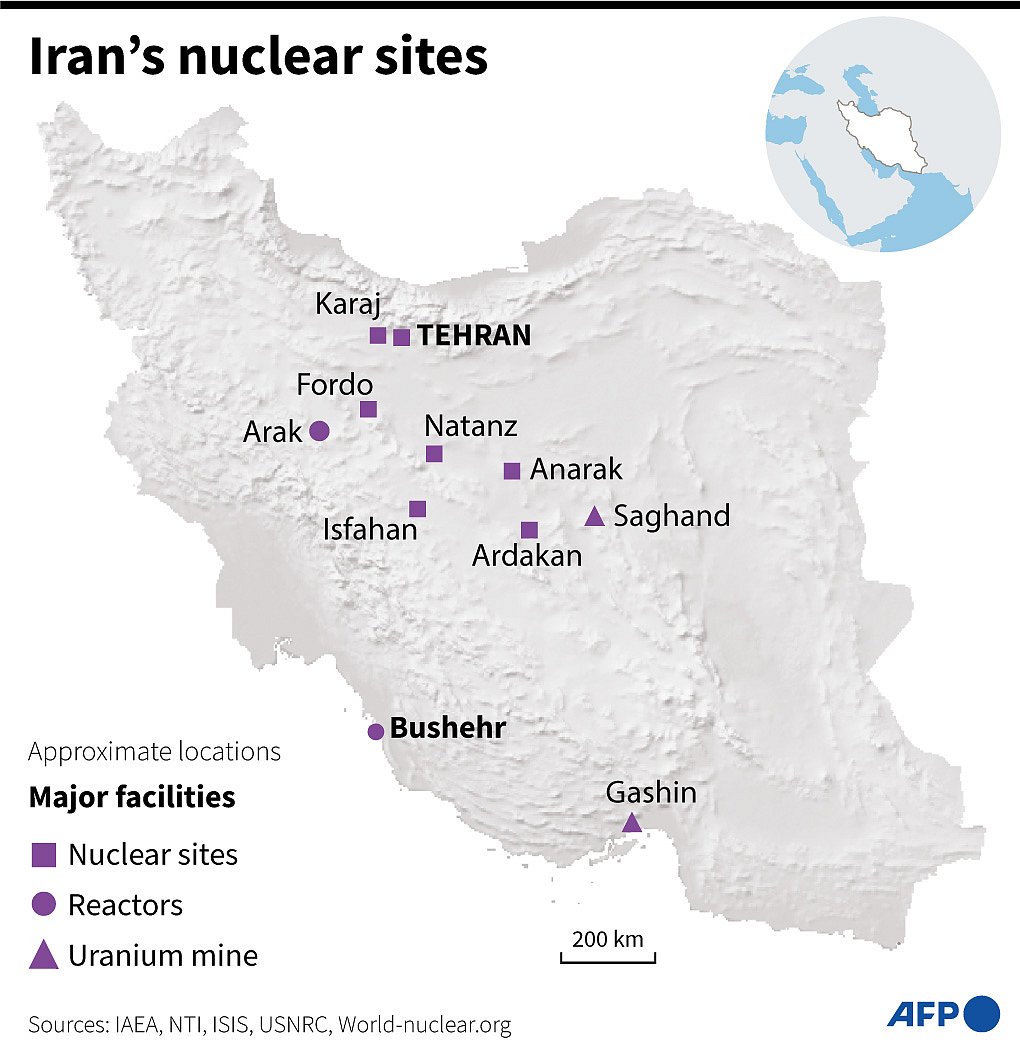 Map of Iran showing main nuclear facilities