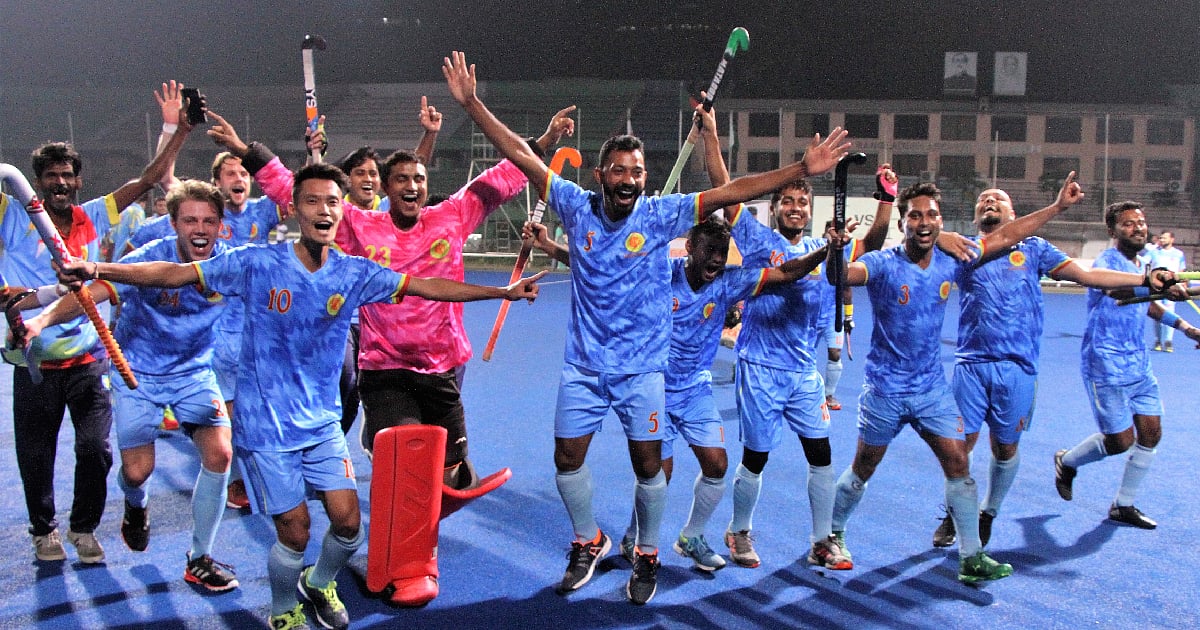 Abahani players celebrate after win against arch-rival Mohammedan in their 3rd super league match of the Premier Division Hockey League at Maulana Bhasani National Stadium in Dhaka on 23 November, 2021