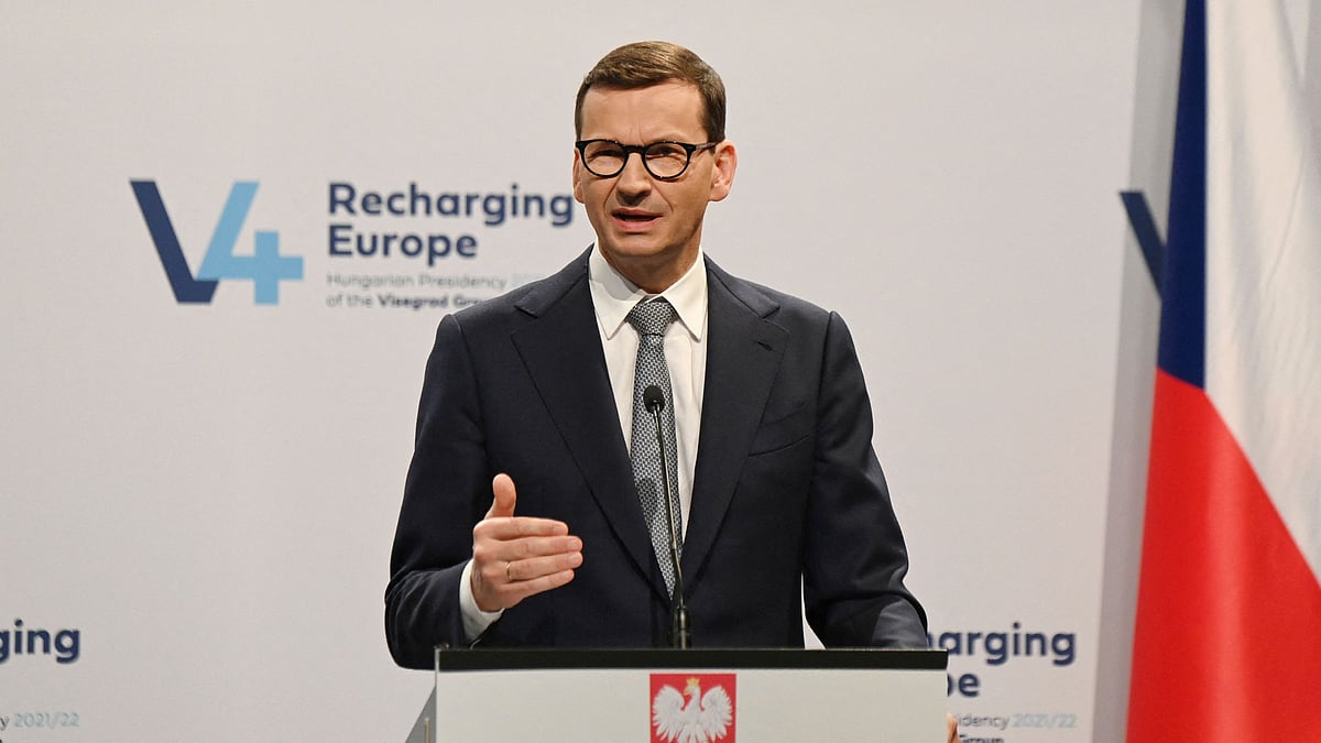Poland's prime minister Mateusz Morawiecki gives a press conference following a meeting of prime ministers of central Europe's informal body of cooperation, called the Visegrad Group (V4) in Budapest, Hungary, on 4 November, 2021