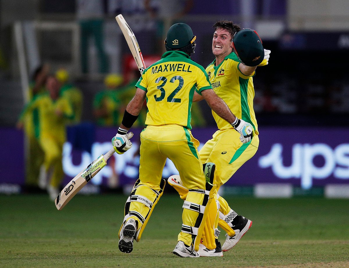 Australia's Mitchell Marsh and Glenn Maxwell celebrate winning the ICC Men's T20 World Cup
