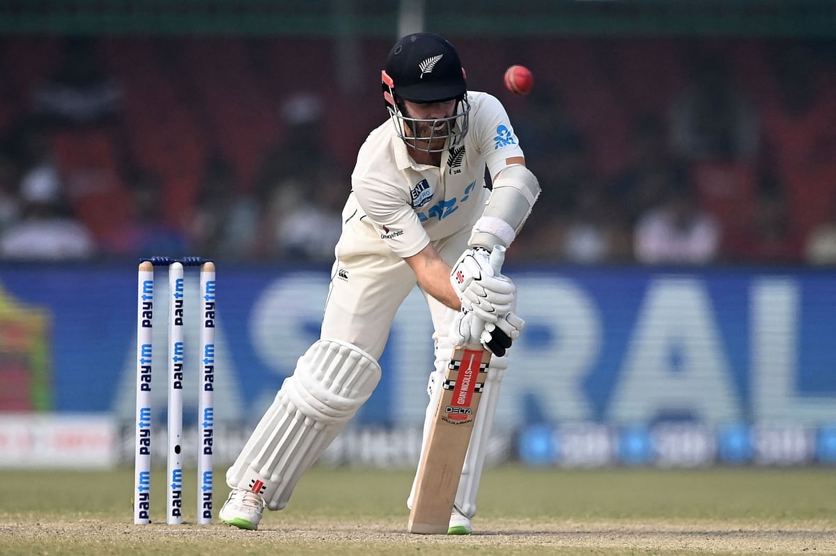 New Zealand's captain Kane Williamson plays a shot on the fifth and final day of the first Test cricket match between India and New Zealand at the Green Park Stadium in Kanpur on 29 November, 2021