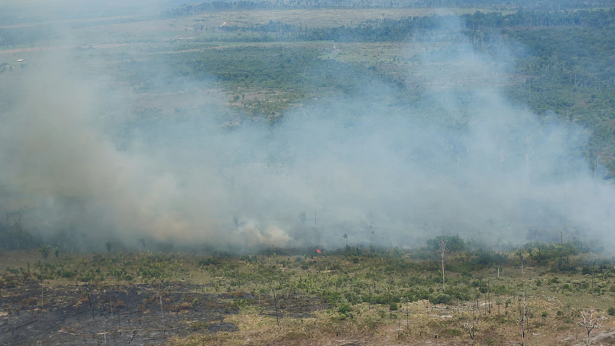 Smoke billows from a fire in an aerial view showing a deforested plot of the Amazon rainforest in Rondonia State, Brazil on 28 September 2021