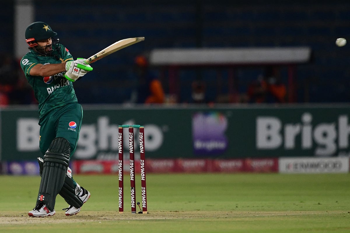 Pakistan's Mohammad Rizwan plays a shot during the first Twenty20 international cricket match between Pakistan and West Indies at the National Stadium in Karachi on 13 December, 2021