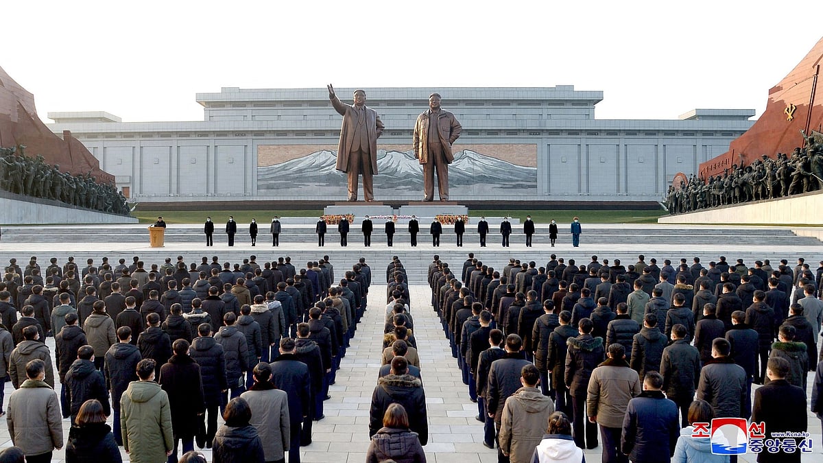 People attend an oath-taking meeting ahead of the 10th anniversary of former leader Kim Jong Il's death, in Pyongyang, North Korea on 16 December 2021 by North Korea's Korean Central News Agency (KCNA)