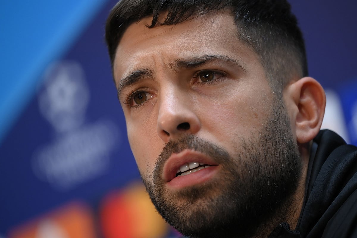 In this file photo taken on 22 November 2021, Barcelona's Spanish defender Jordi Alba attends a press conference, at the Camp Nou stadium in Barcelona, on the eve of the UEFA Champions League Group E football match against SL Benfica.