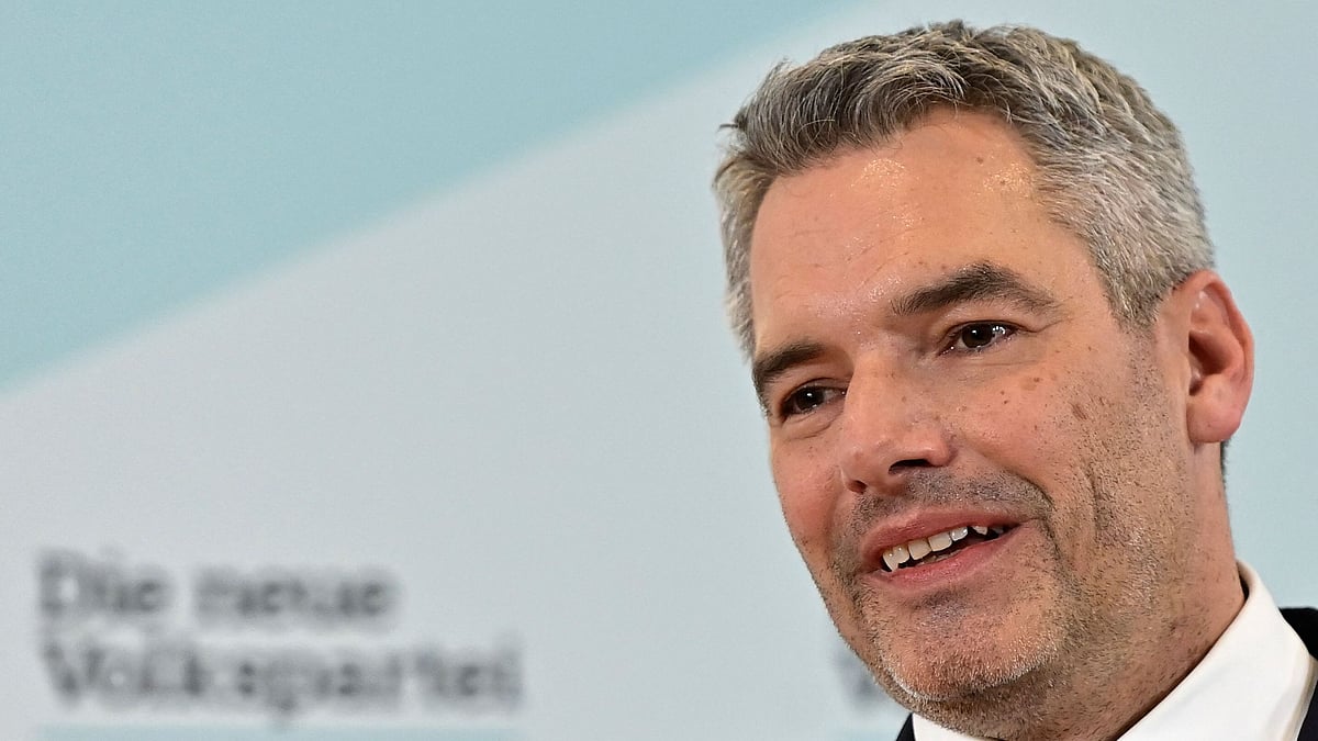 Austria's Interior Minister and OeVP General-Secretary Karl Nehammer addresses a press conference to announce that he has been named as Austria's new chancellor during a meeting of Austria's conservative People's Party OeVP in Vienna on 3 December 2021.