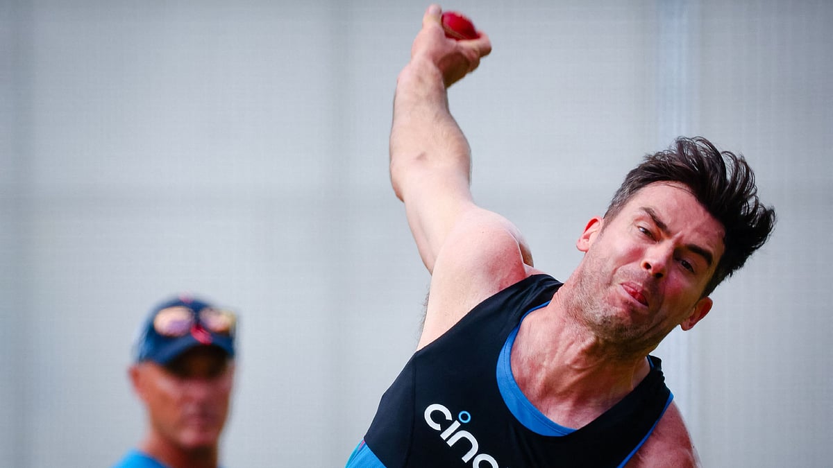 England's James Anderson bowls during a net training session at the Gabba in Brisbane on 6 December, 2021