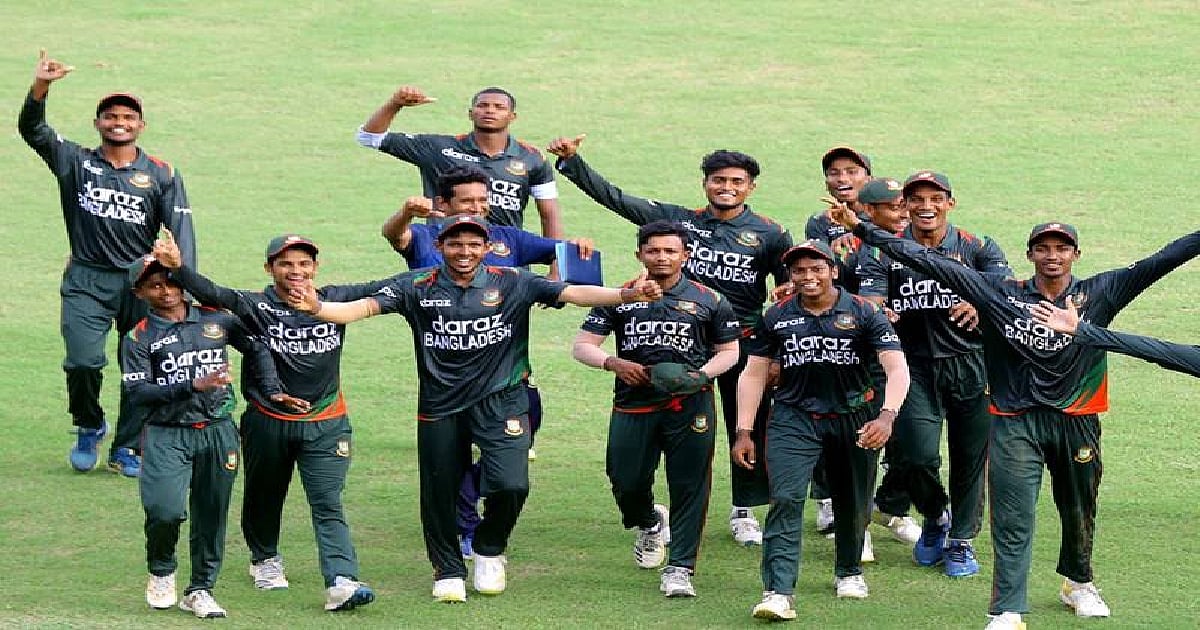 Bangladesh U19 team celebrates after beating India U19 team by 113 runs at Eden Gardens in Kolkata on 1 December, 2021