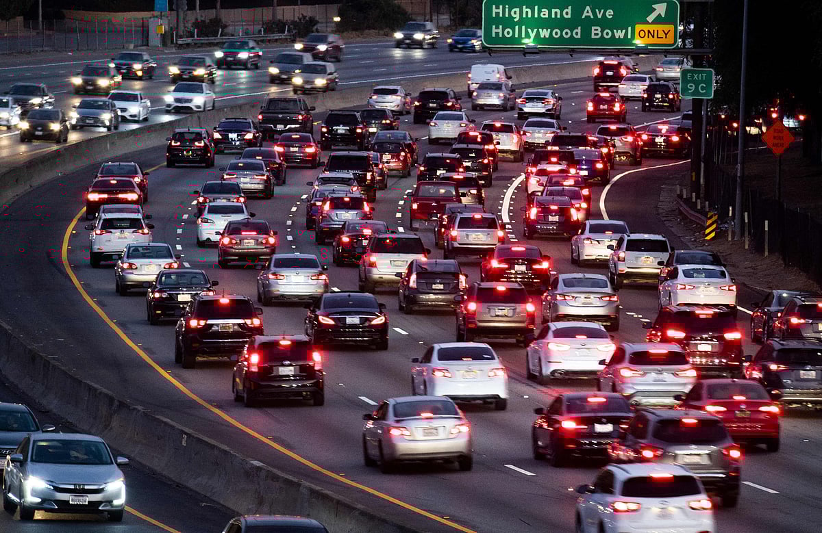 In this file photo taken on 17 September, 2019, vehicles drive on the 101 freeway in Los Angeles, California