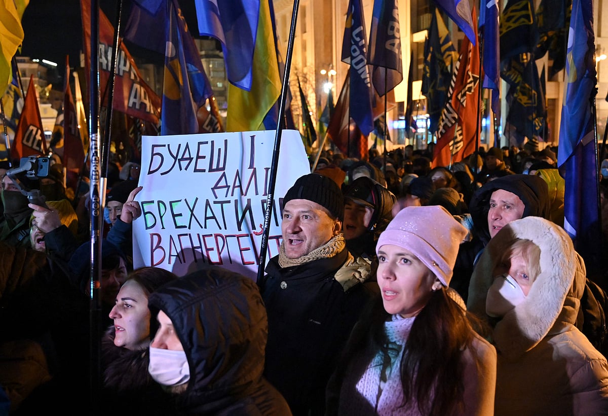 Ukrainian activists from different parties held a rally against the " anti-Ukrainian " politics of the country's President Volodymyr Zelensky, in Kiev on 1 December 2021. During the protest they denounced Zelensky's call for direct negotiations with Russia to end an eight-year war with pro-Russian separatists in the country's east