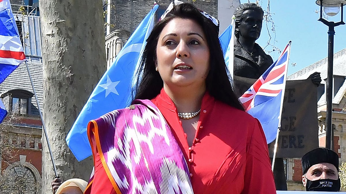 In this file photo taken on 22 April, 2021, British Conservative Party MPs Nusrat Ghani joins members of the Uyghur community as they demonstrate to call on the British parliament