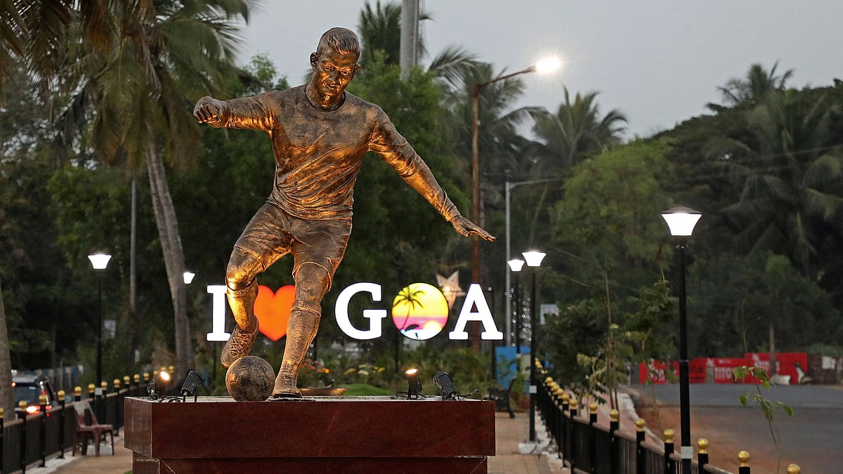 This photograph taken on 30 December, 2021 shows a newly installed statue of Portuguese footballer Cristiano Ronaldo in Calangute , India