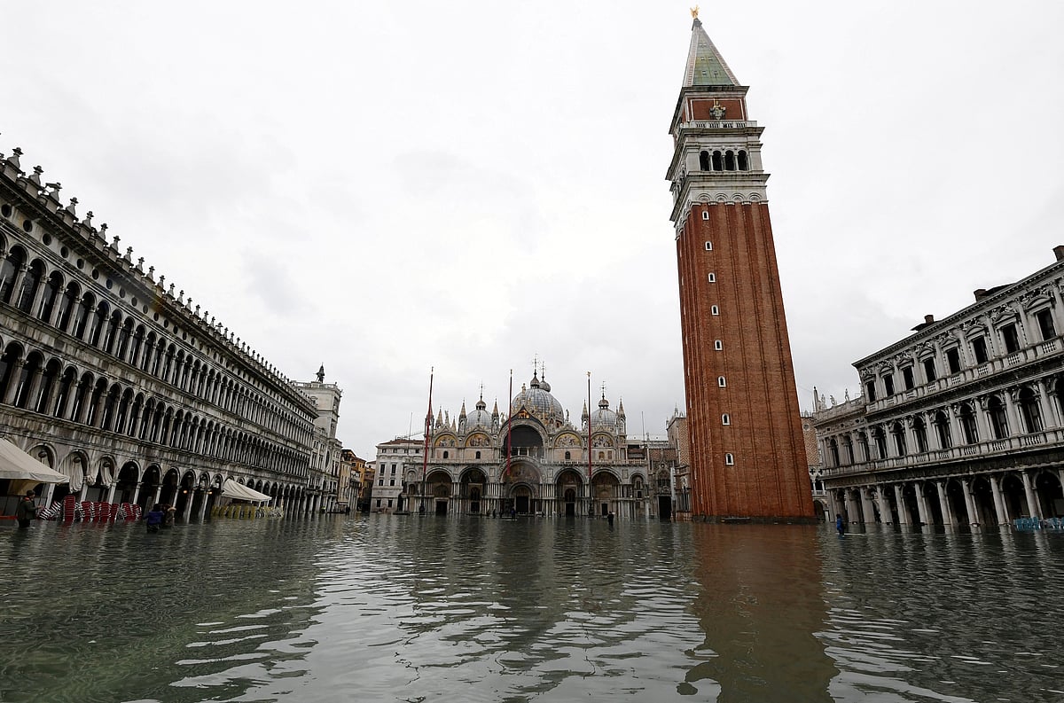 Water floods into St. Mark's square as high tide reaches peak, in Venice, Italy on 17 November 2019