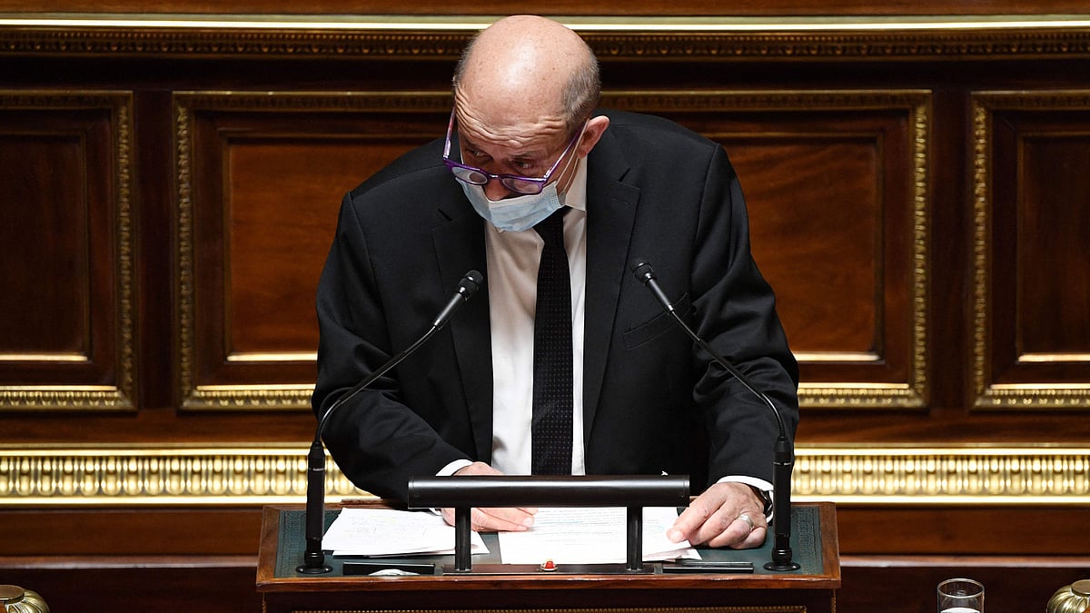 French European and Foreign Affairs Minister Jean-Yves Le Drian gives a speech on the Sahel before a debate on France's commitment to the Sahel at the French Senate in Paris on 23 February 2022.