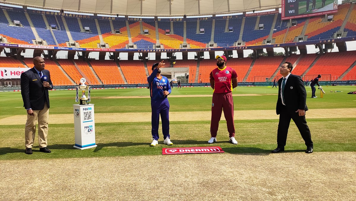 Indian skipper Rohit Sharma wins the toss and elects to bowl first in the 1st ODI against West Indies at the Narendra Modi Stadium in Ahmedabad on 6 February